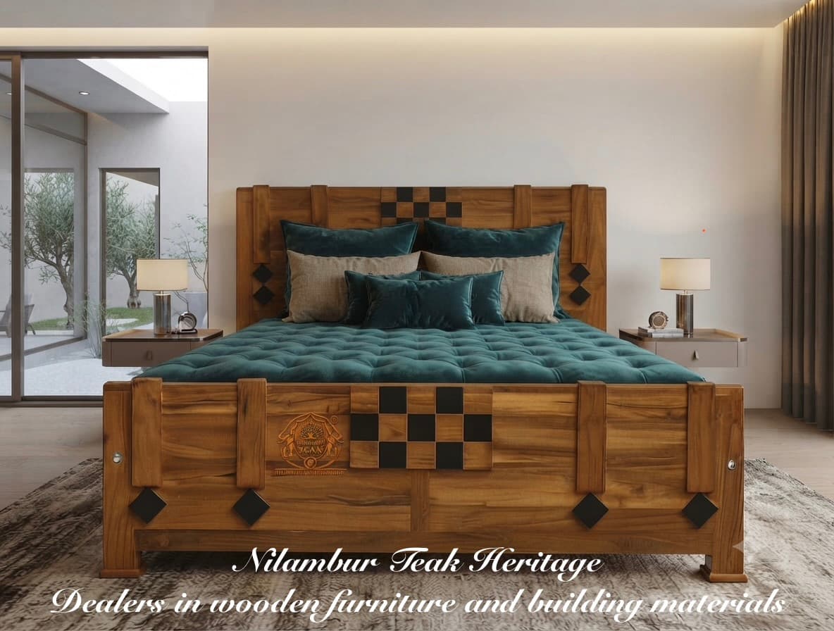 Modern Geometric Checkered Inlay Solid Wood Cot