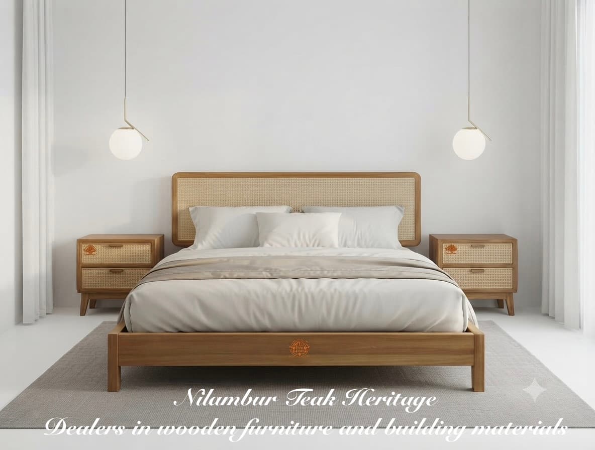 Modern Cane Paneled Solid Wood Platform Cot