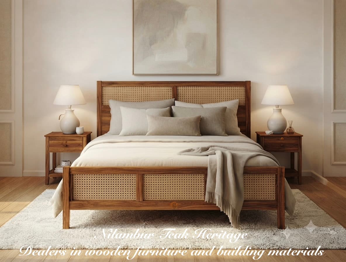 Dual-Panel Cane Webbed Solid Wood Cot with Footboard