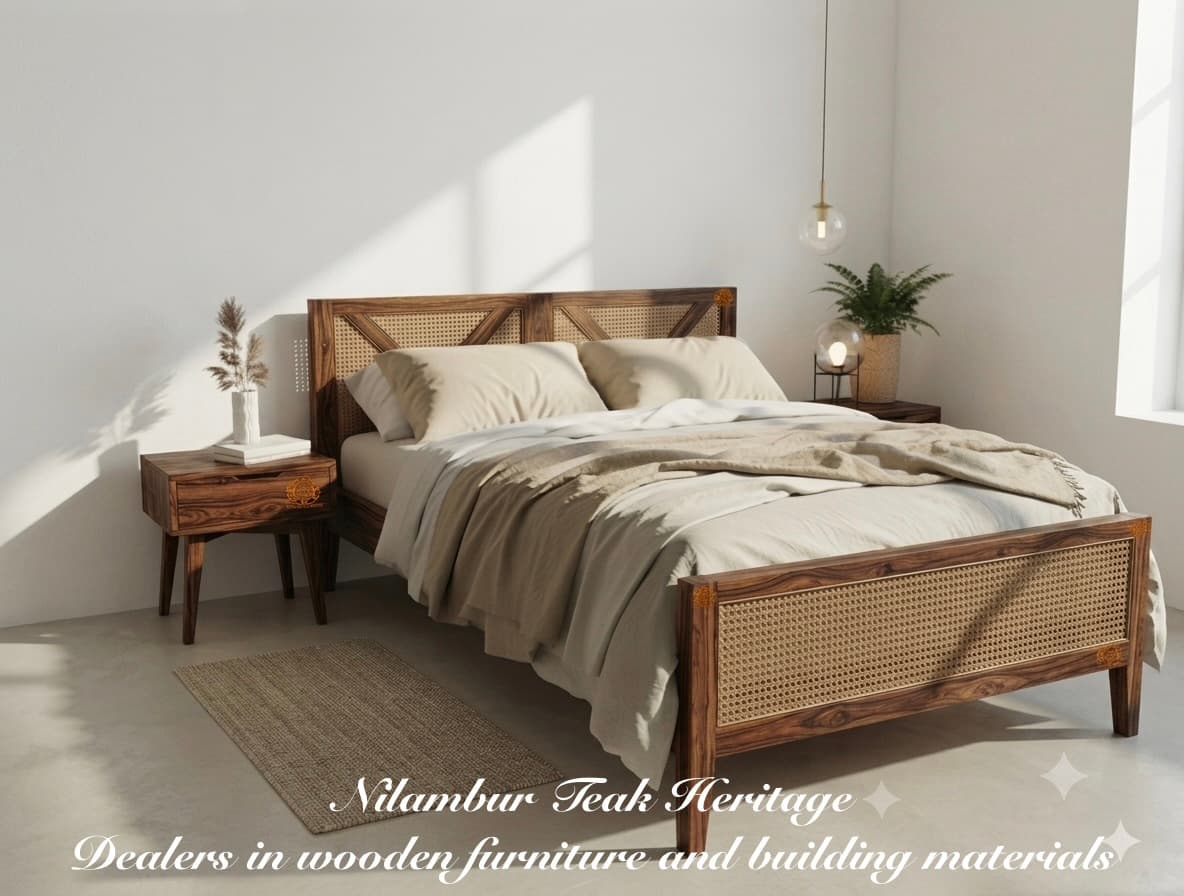 Geometric Diagonal Cane Paneled Solid Wood Cot
