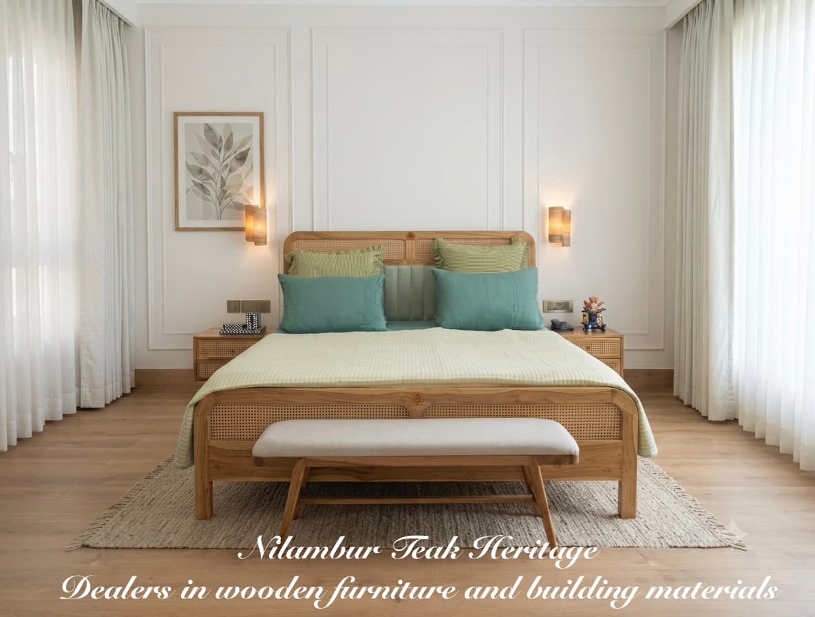 Cane Inset and Upholstered Solid Wood Cot