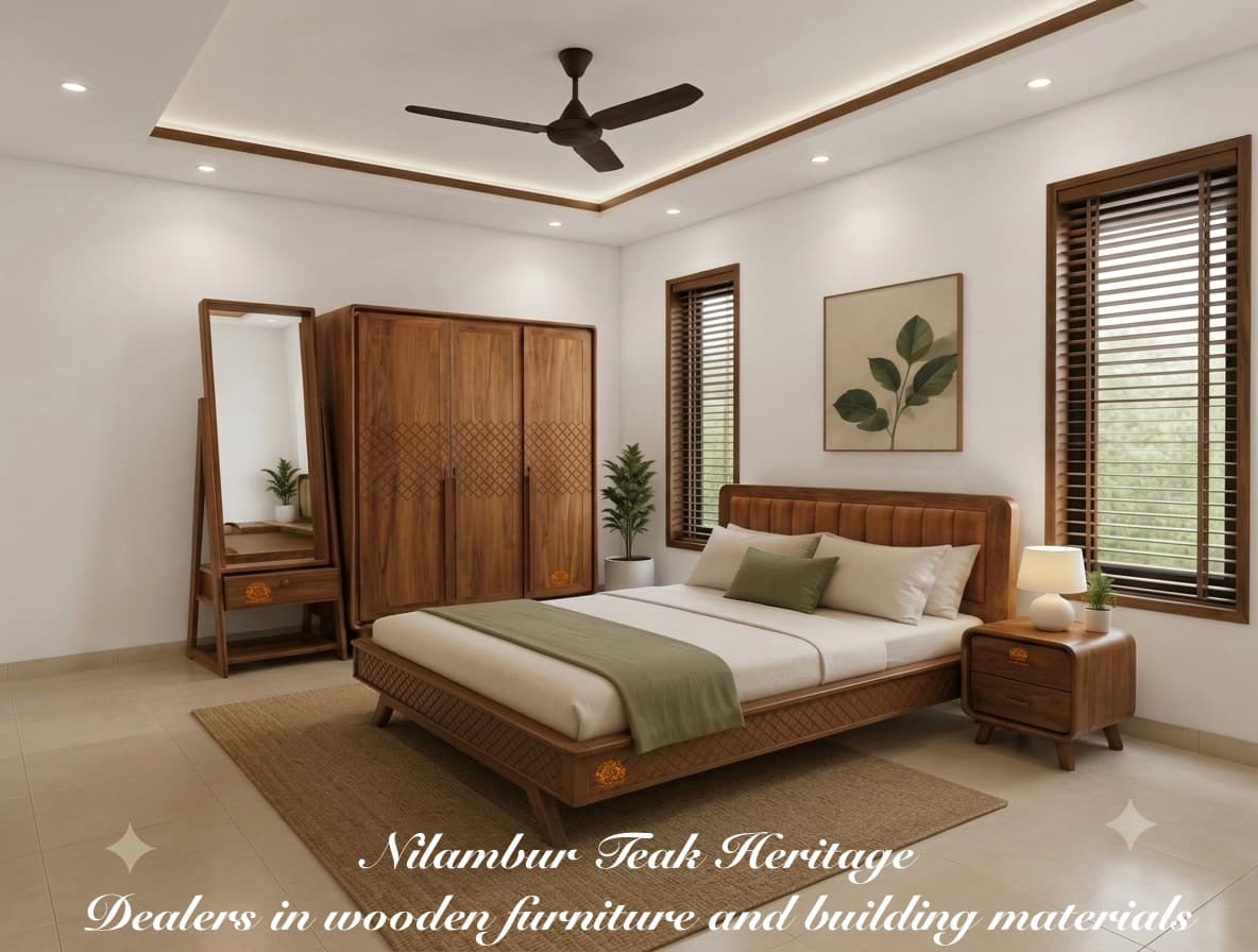 Complete Solid Wood Luxury Bedroom Suite with Upholstered Bed, Wardrobe, Dressing Mirror, and Nightstands