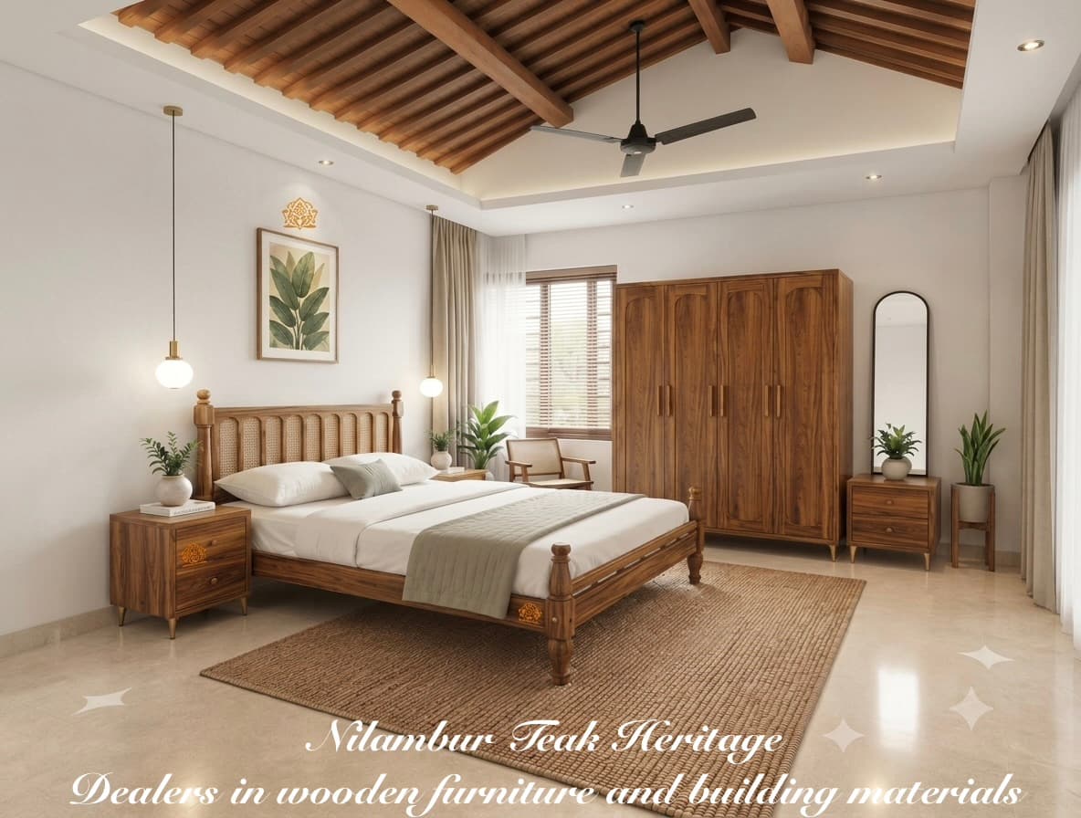 Complete Solid Wood Cane-Accented Master Bedroom Suite with Bed, Multi-Door Wardrobe, Mirror, and Nightstands