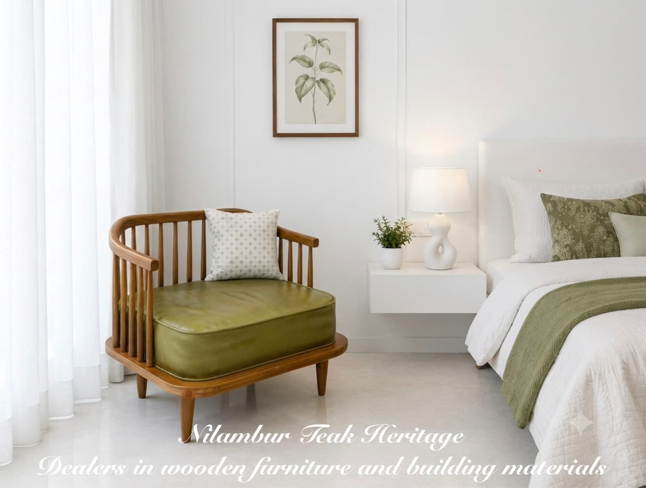 Wide-Spindle Olive-Cushioned Lounge Chair, MPN-CHP06
