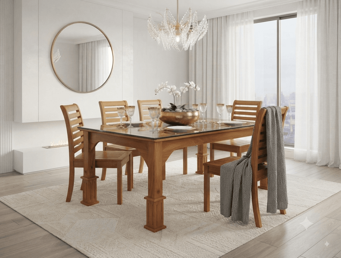 Symphony Solid Wood Dining Set with Glass Top and Slatted Chairs