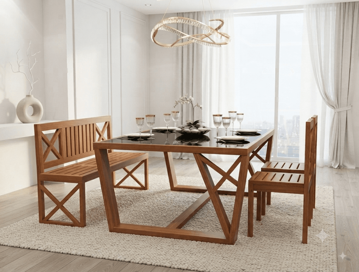 Aura Geometric Solid Wood Dining Set with Bench, and Chairs