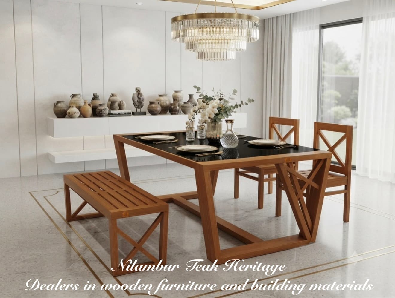 Vanguard Modern Geometric Solid Wood Dining Set with Bench, and X-Back Chairs