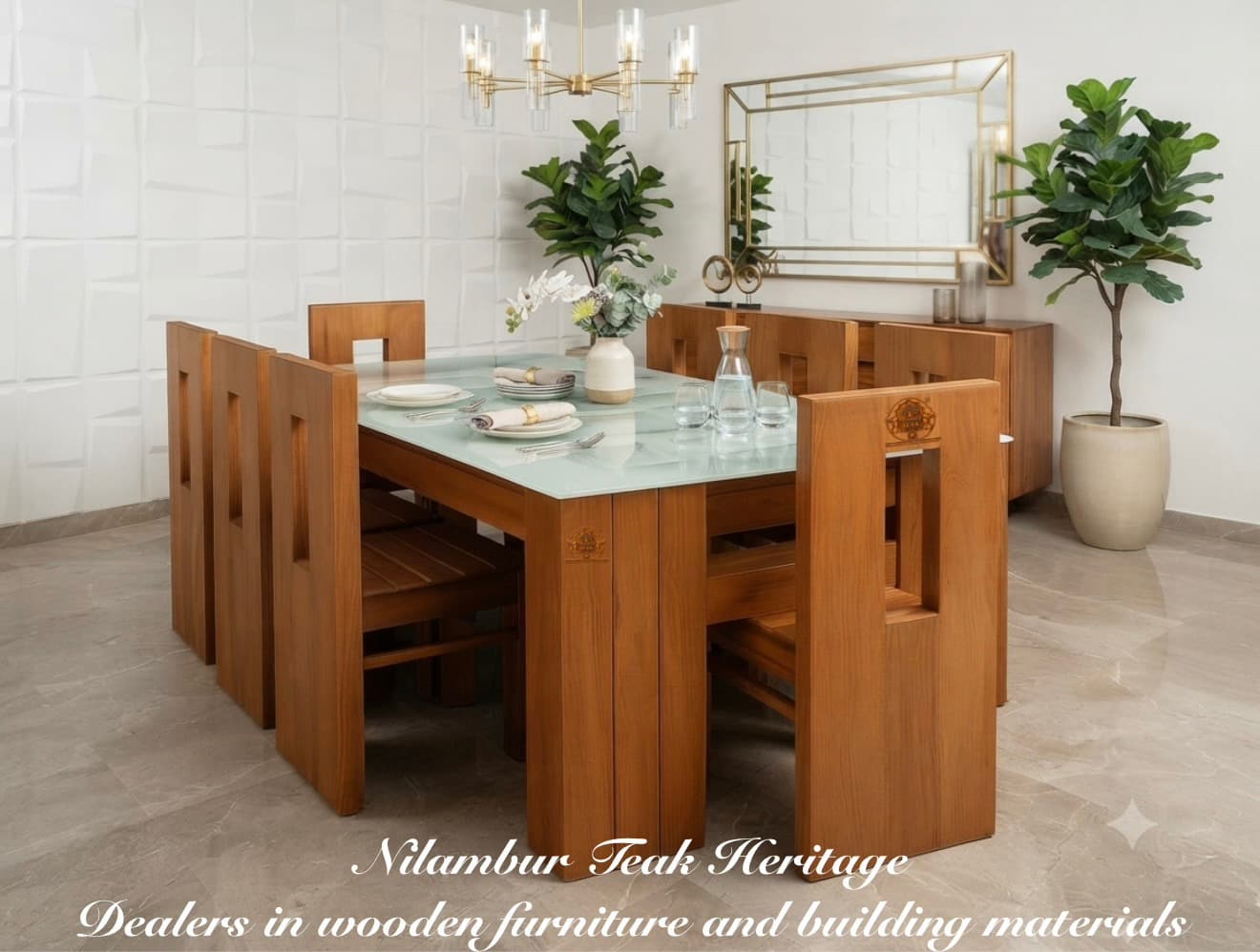 Zenith Modern Block Solid Wood Dining Set with Glass Top