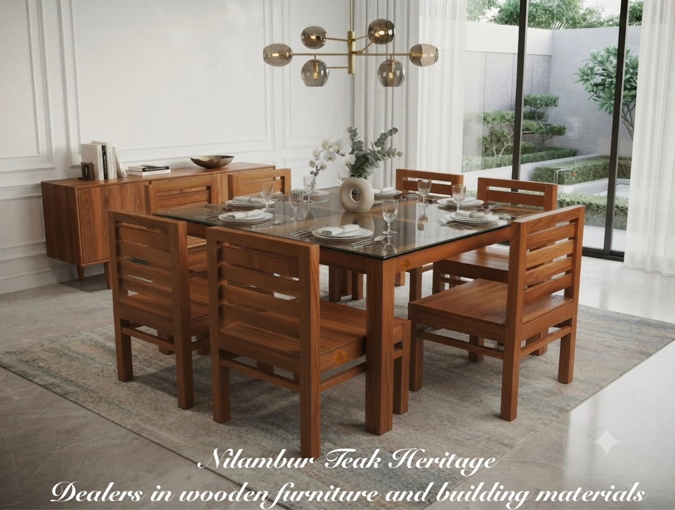 Harmony Square Solid Wood Dining Set with Glass Top and Slatted Chairs