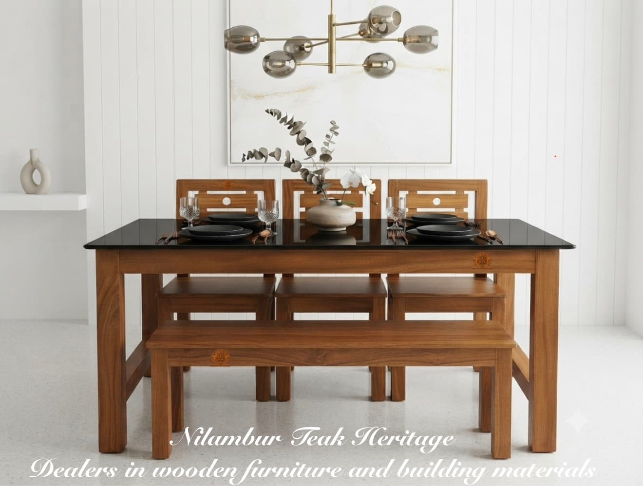 Urban Vista Solid Wood Dining Set with Black Glass Top, Chairs, and Bench