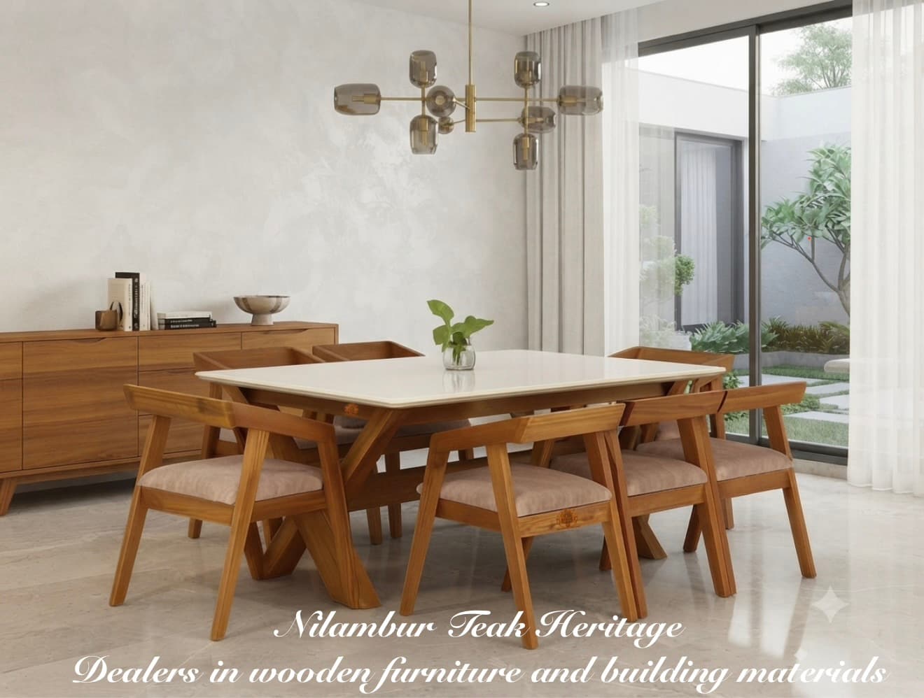 Nordic Horizon Solid Wood Dining Set with Upholstered Armchairs