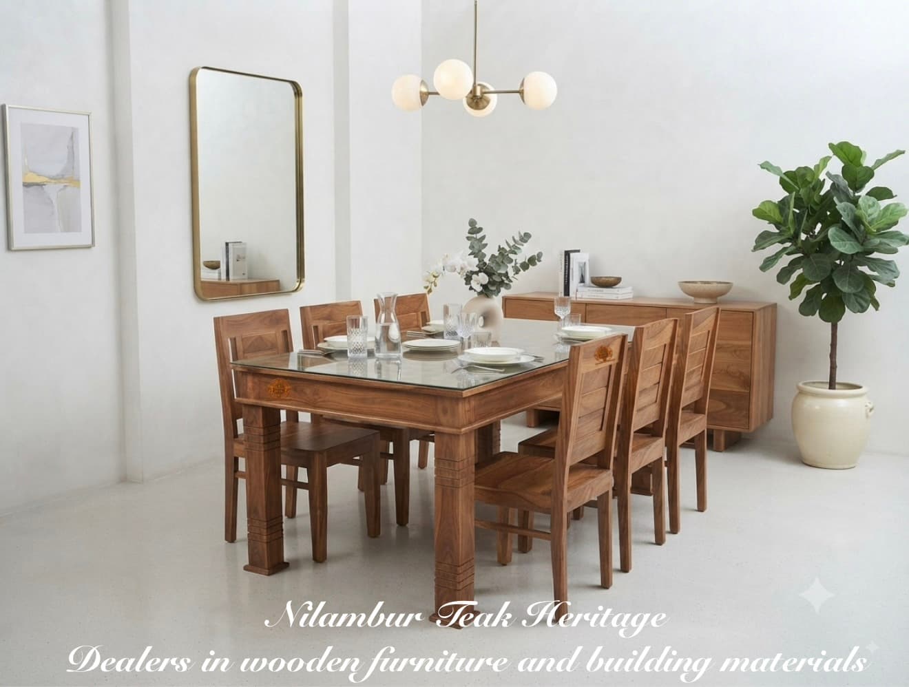 Heritage Classic Solid Wood Dining Set with Glass Top and Slatted Chairs