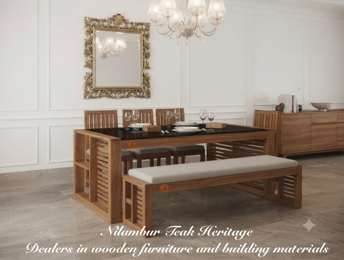 Symphony Modular Solid Wood Dining Set with Storage Bench and Black Glass Top