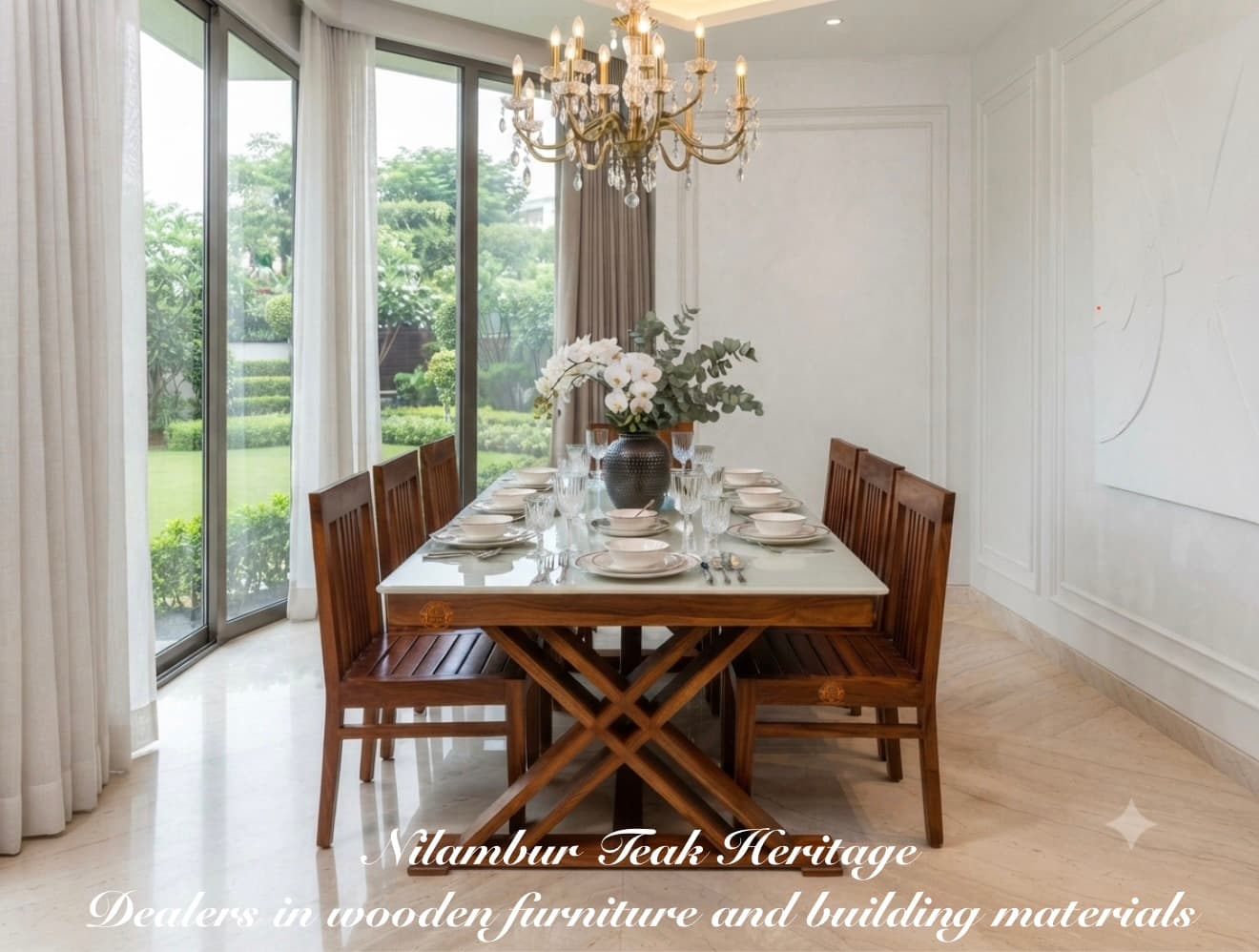 Trestle Grand Solid Wood Dining Set with Glass Top and Slatted Chairs