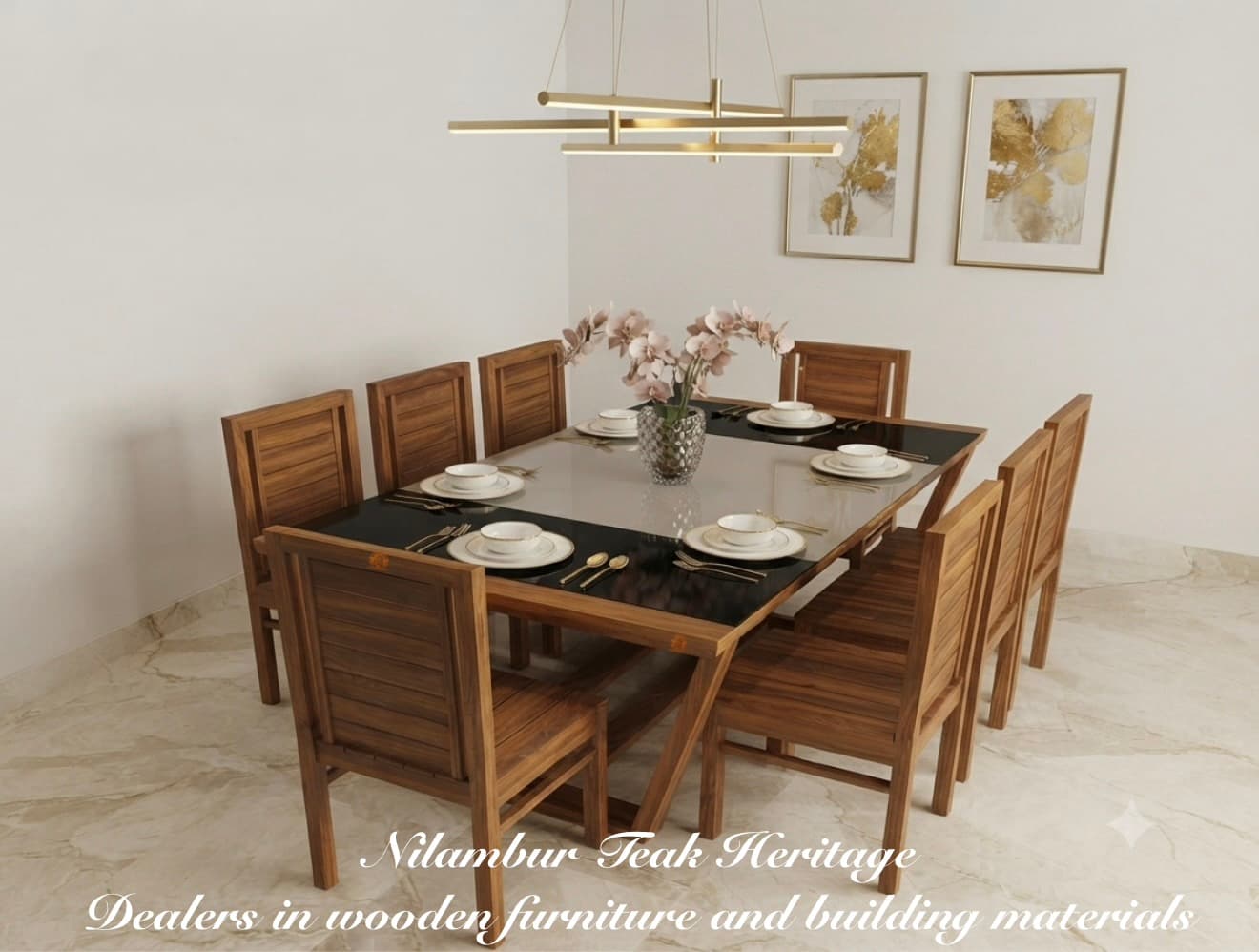 Vanguard Modern Solid Wood Dining Set with Glass and Contrast Inset Tabletop