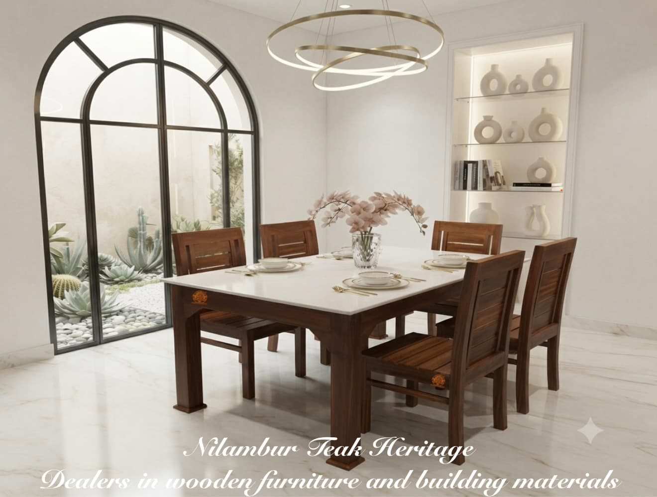 Aura Modern Solid Wood Dining Set with White Glass Top and Slatted Chairs