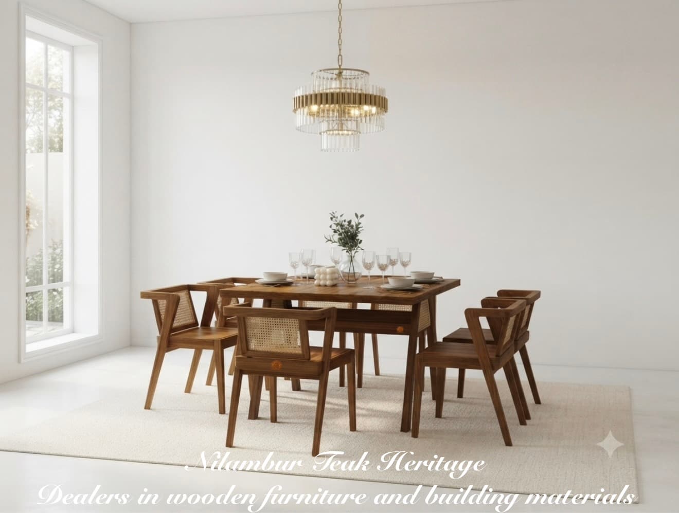 Aurelia Cane-Back Solid Teak Wood Dining Set