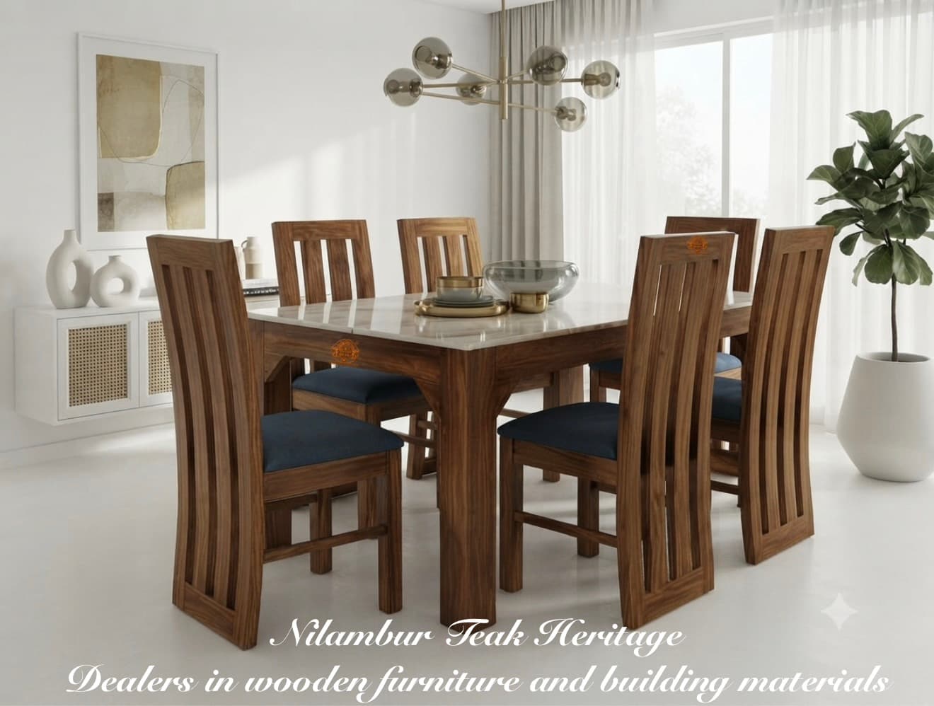 Regal Marble-Top Solid Wood Dining Set