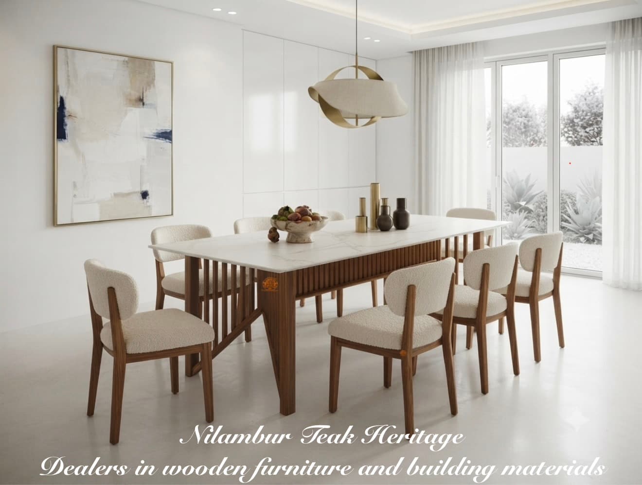 Symphony Fluted-Base Marble-Top Solid Wood Dining Set