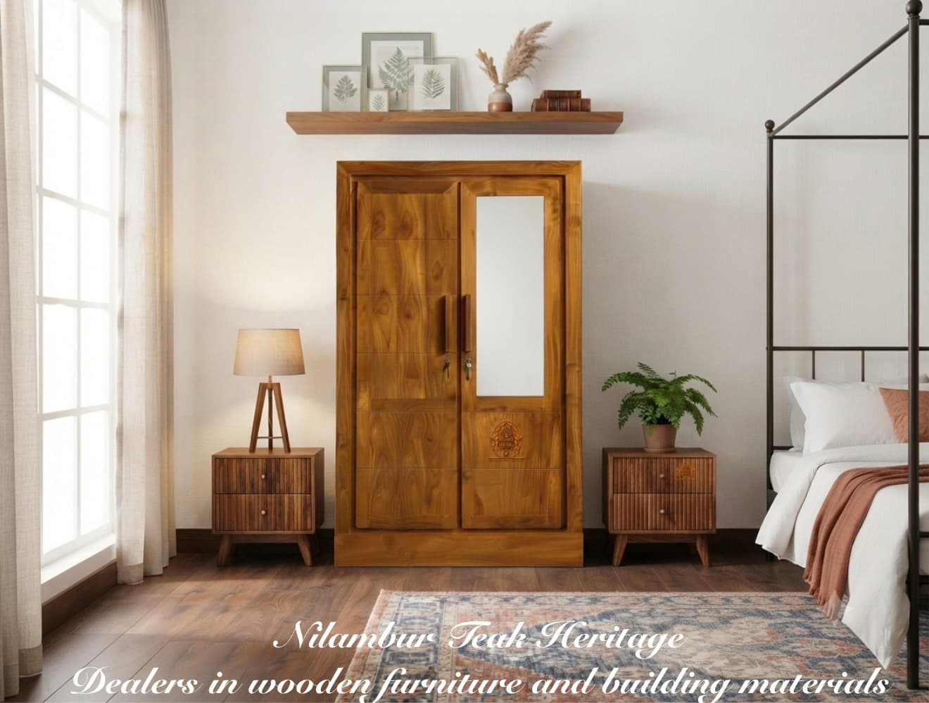 Aura Living Solid Teak Wood 2-Door Wardrobe with Half-Length Dressing Mirror