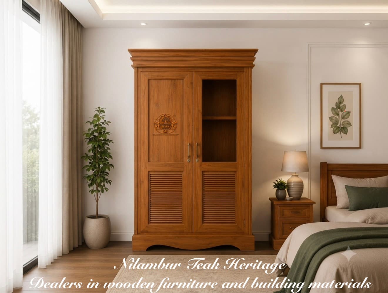 Aura Living Solid Teak Wood 2-Door Wardrobe with Glass Display and Louvered Panels