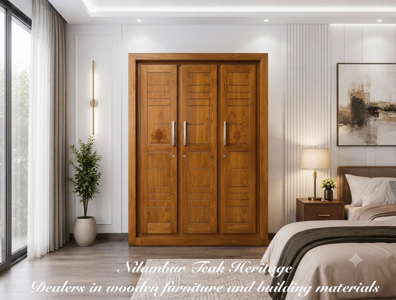 Aura Living Solid Teak Wood 3-Door Wardrobe with Horizontal Slatted Detailing