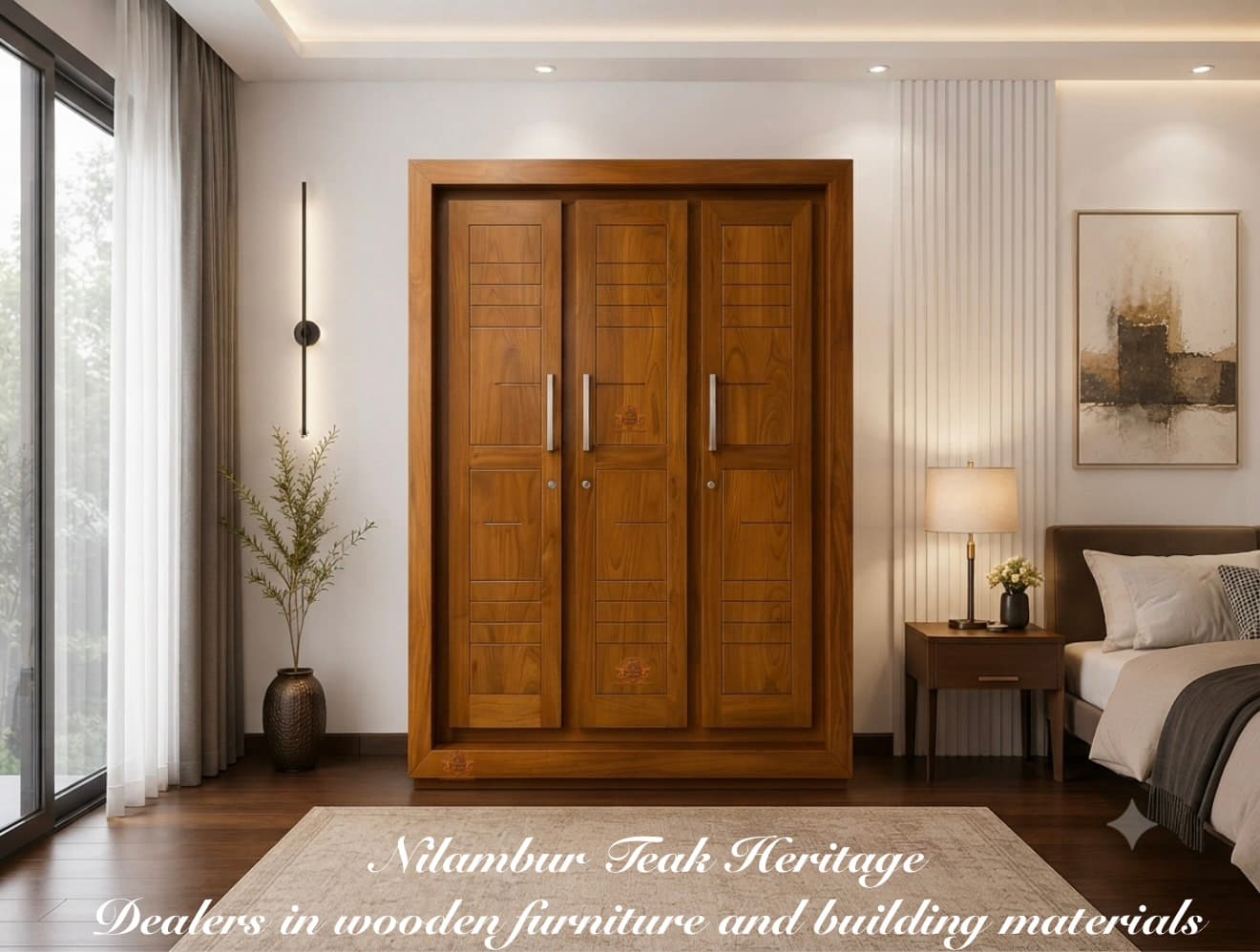 Aura Living Solid Teak Wood 3-Door Framed Wardrobe with Architectural Slats