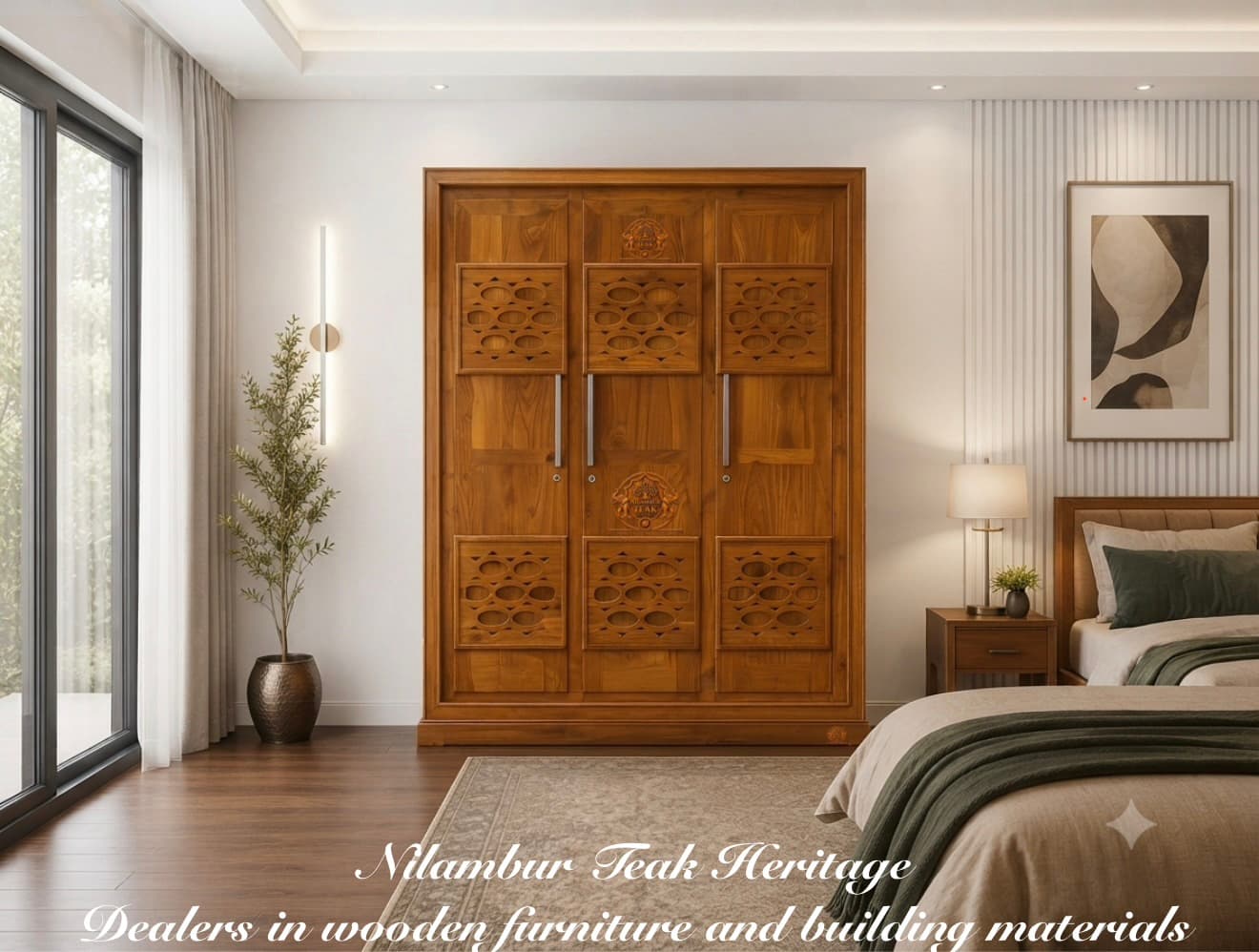 Aura Living Solid Teak Wood 3-Door Wardrobe with Carved Oval Lattice Panels