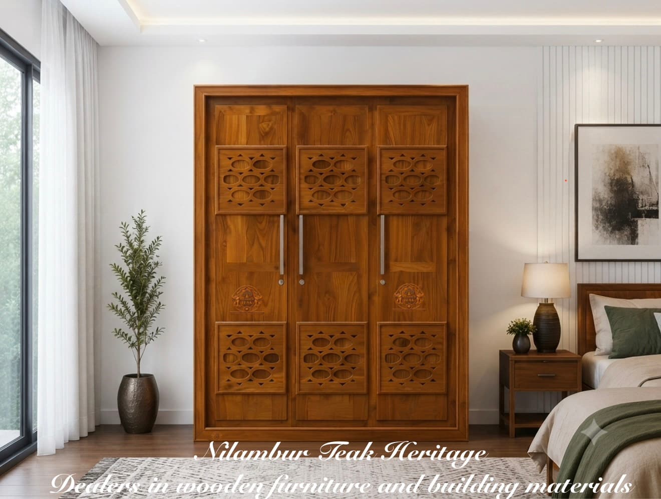 Aura Living Solid Teak Wood 3-Door Wardrobe with Geometric Oval Carved Panels