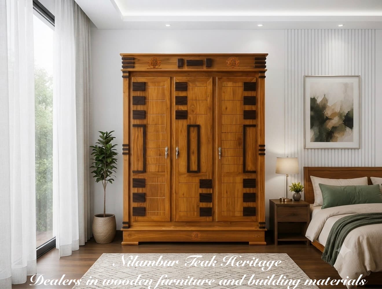 Aura Living Masterpiece Dual-Tone Solid Teak & Rosewood 3-Door Wardrobe