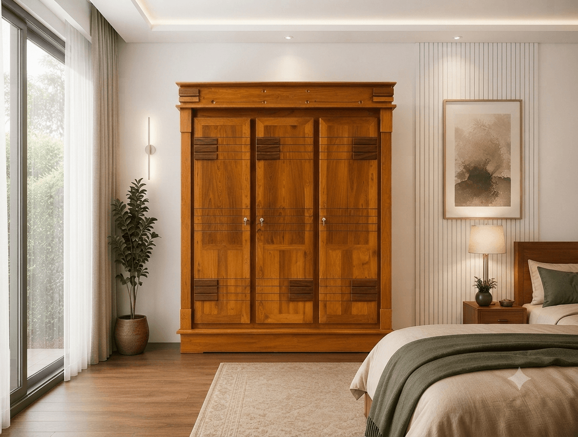Aura Living Dual-Tone Solid Teak and Rosewood 3-Door Wardrobe