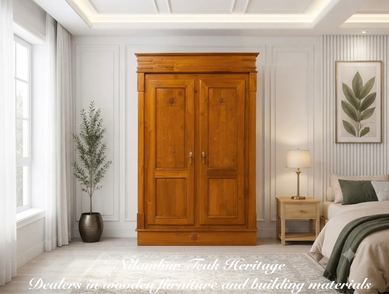 Aura Living Solid Teak Wood 2-Door Framed Wardrobe with Raised Panels