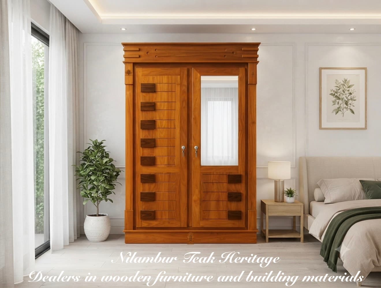 Dual-Tone Solid Teak and Rosewood 2-Door Wardrobe with Half-Length Mirror