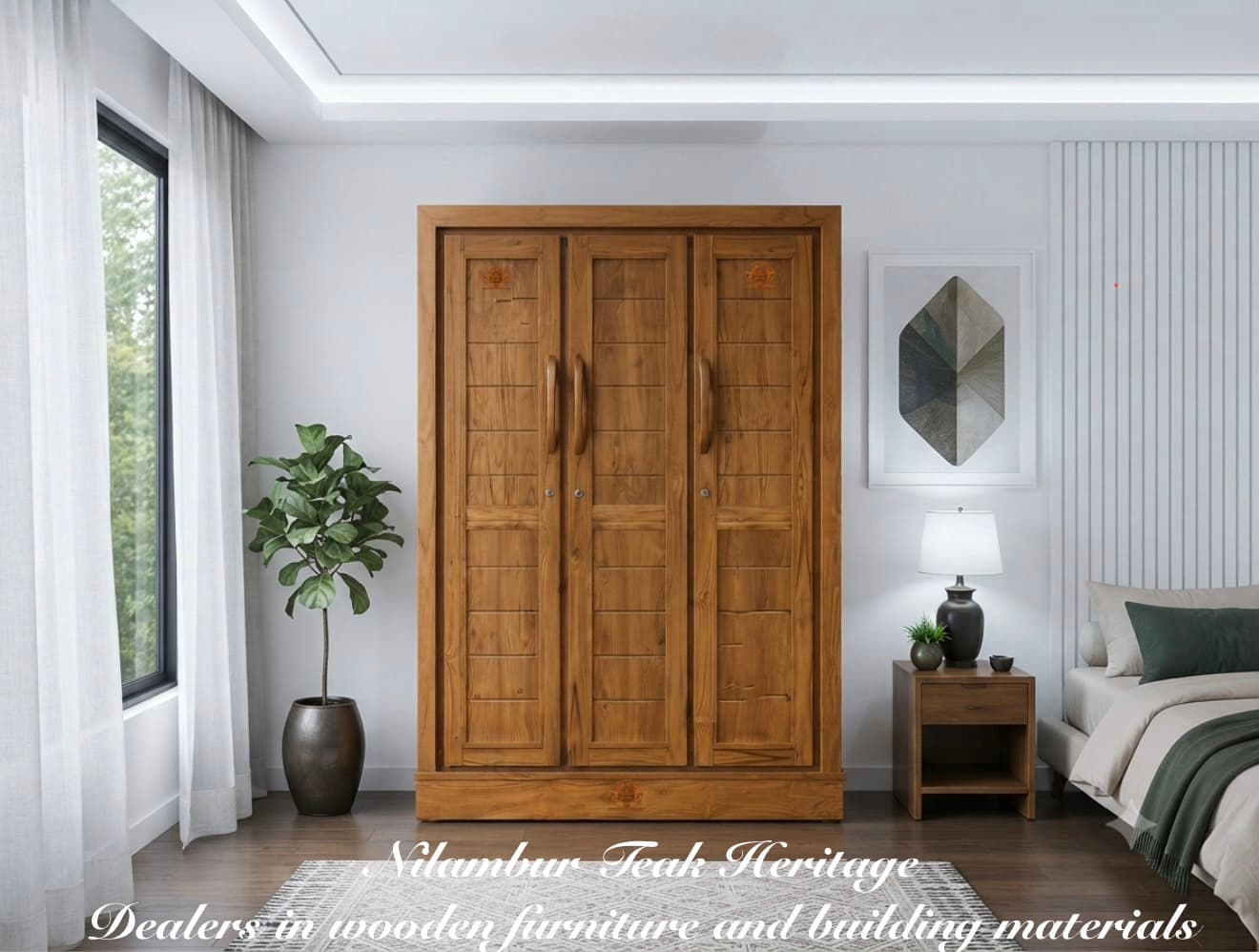 Aura Living Solid Teak Wood 3-Door Wardrobe with Horizontal Paneled Sections