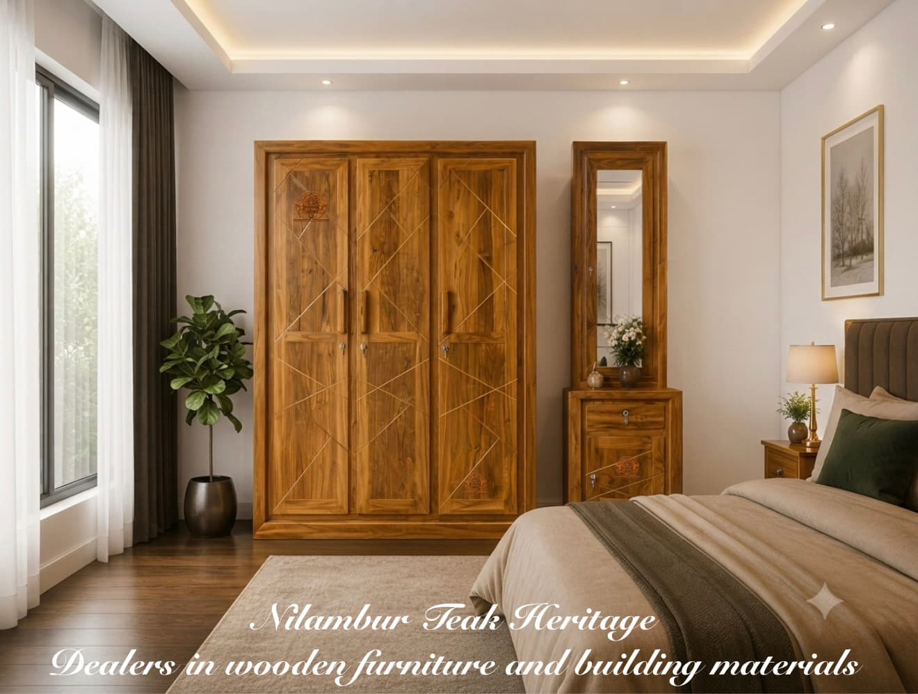 Aura Living Solid Teak Wood 3-Door Wardrobe and Matching Dressing Table Set