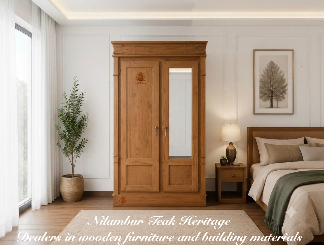 Living Solid Teak Wood 2-Door Wardrobe with Half-Length Dressing Mirror