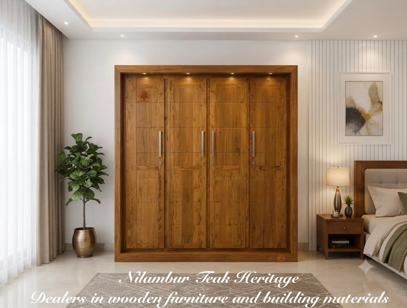 Aura Living Solid Teak Wood 4-Door Framed Wardrobe with Integrated Lighting