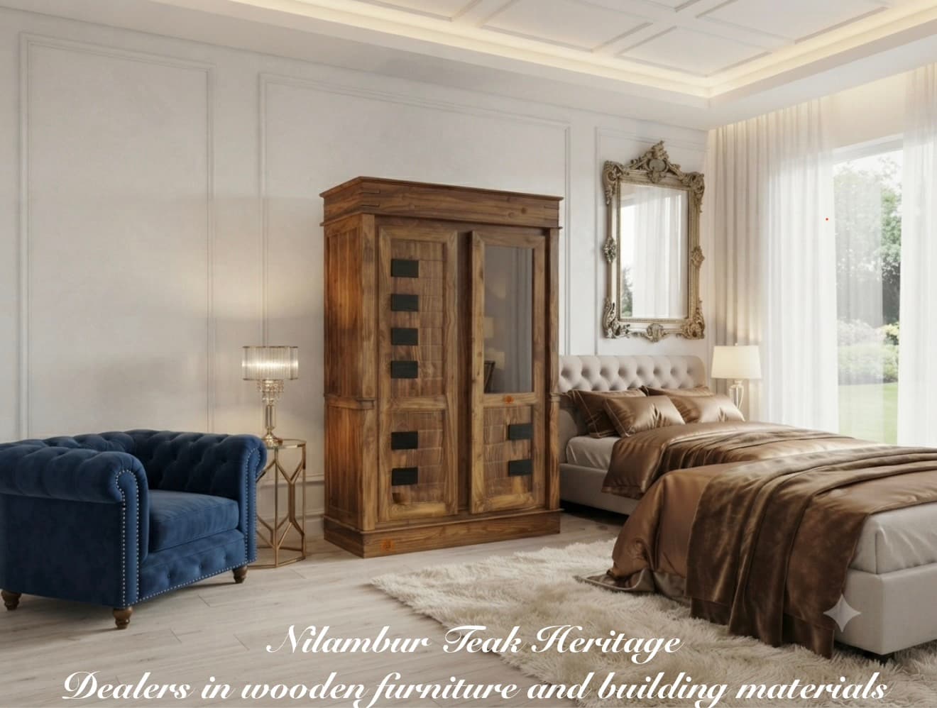 Aura Living Dual-Tone Solid Teak and Rosewood 2-Door Wardrobe with Glass Display Panel