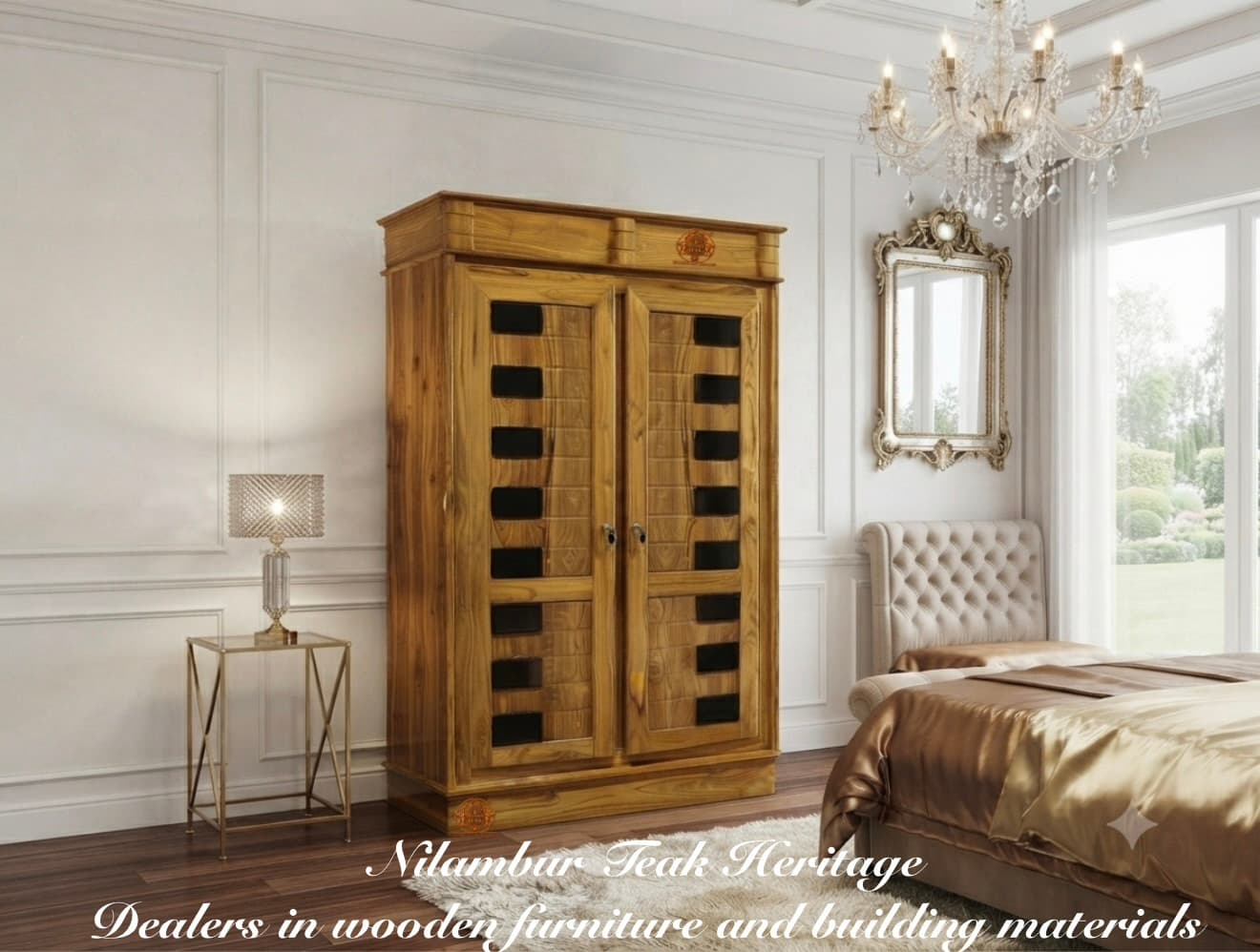 Aura Living Dual-Tone Solid Teak and Rosewood 2-Door Wardrobe with Multi-Tiered Slat Accents