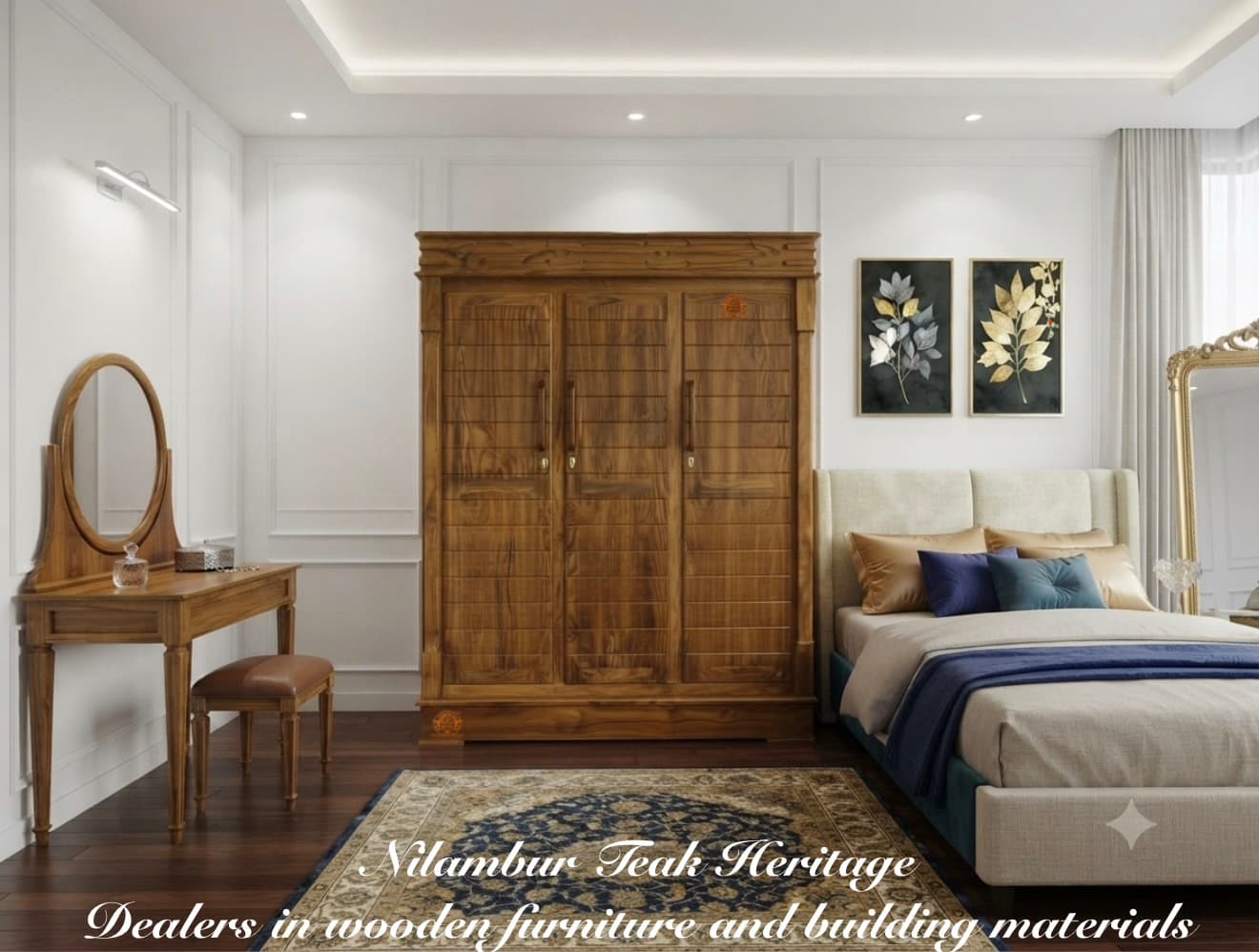 Aura Living Solid Teak Wood 3-Door Full-Slatted Wardrobe and Oval Dressing Table Set