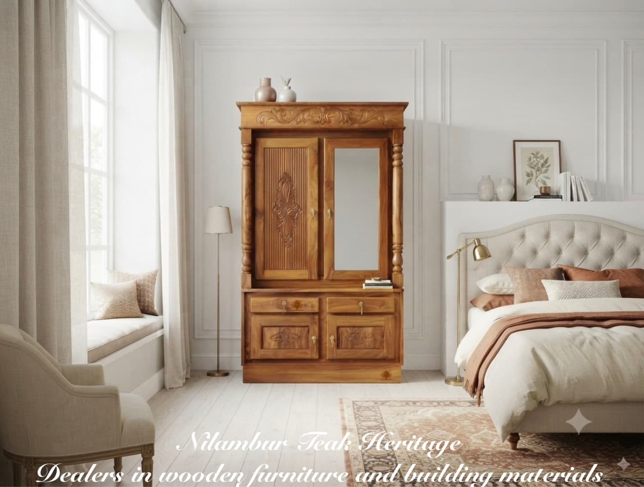 Aura Living Heritage Carved Solid Teak Wood Multi-Tier Wardrobe with Mirror
