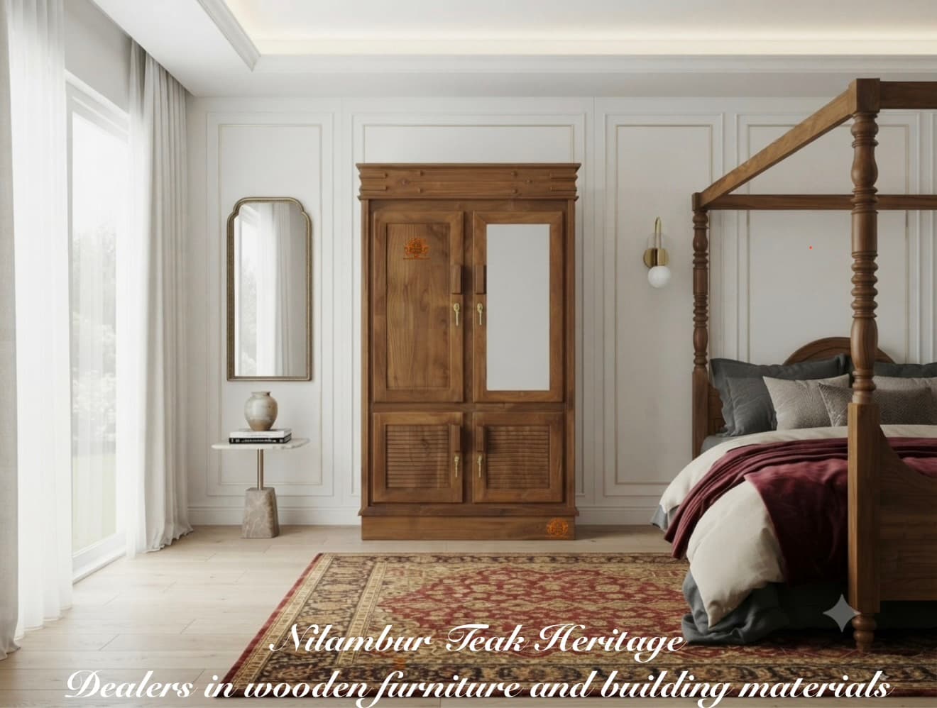 Aura Living Solid Teak Wood Split-Tier Wardrobe with Lower Louvered Vents and Mirror
