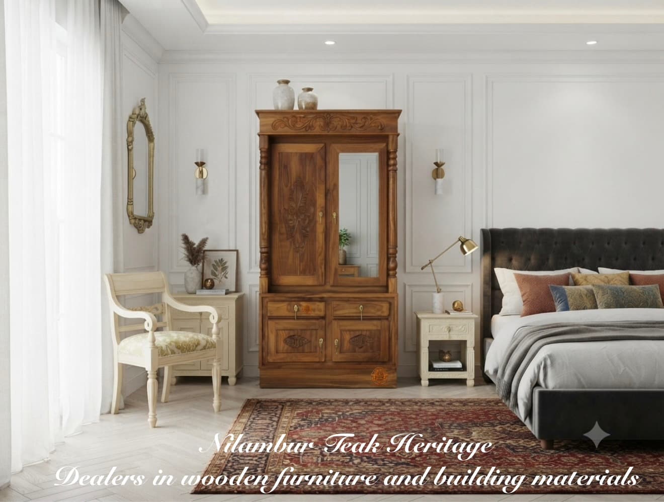 Aura Living Imperial Carved Solid Teak Wood Wardrobe with Lower Drawer Console