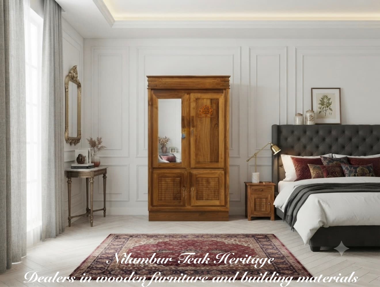 Aura Living Solid Teak Wood Split-Tier Wardrobe with Inverted Mirror and Lower Louvers