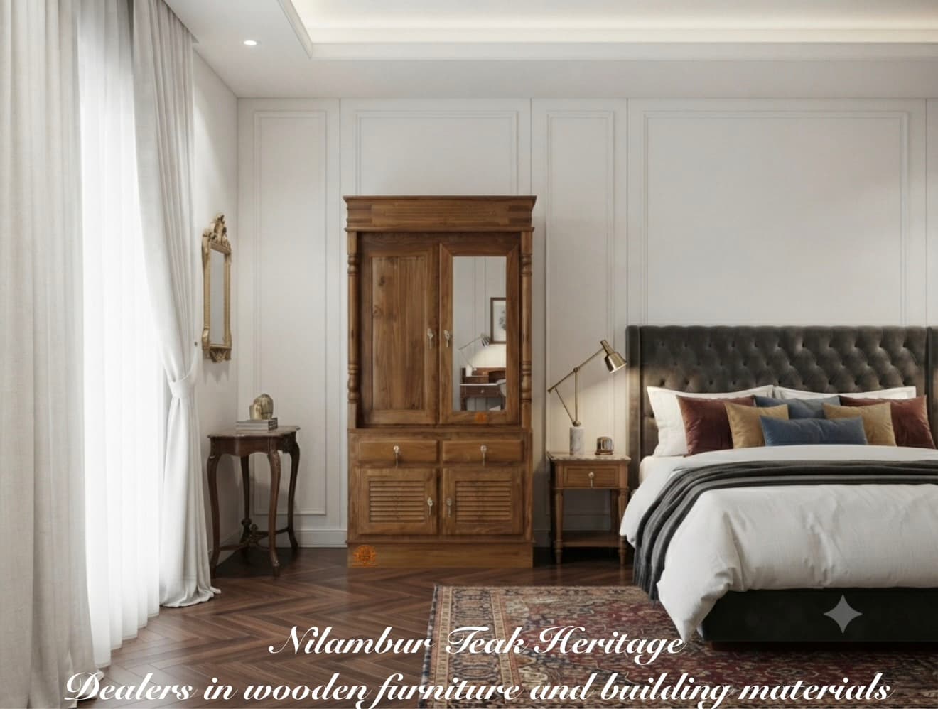 Aura Living Classic Turned-Post Solid Teak Wood Wardrobe with Split-Tier Storage and Mirror