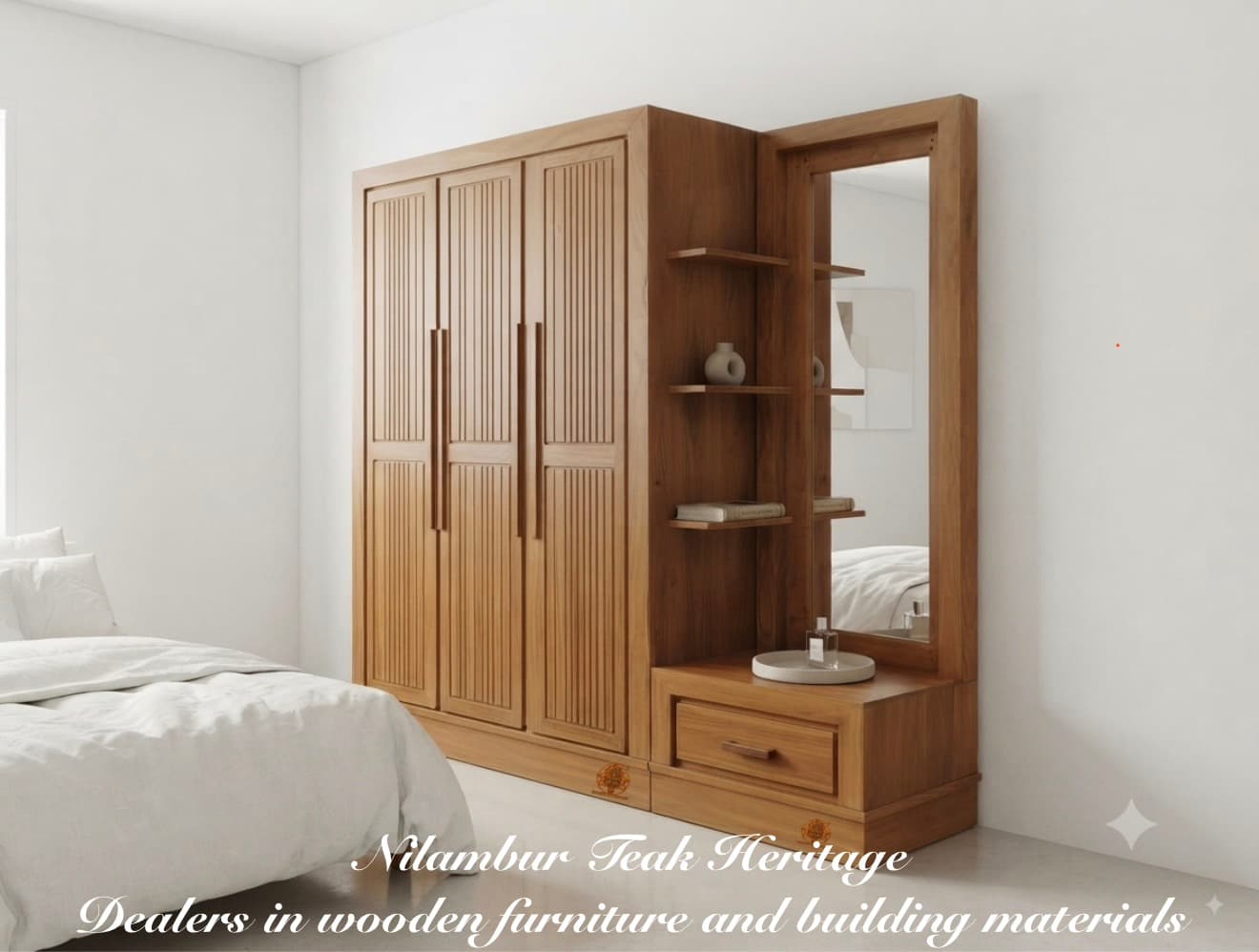 Aura Living Integrated 3-Door Fluted Teak Wardrobe with Side Vanity and Open Display Shelves