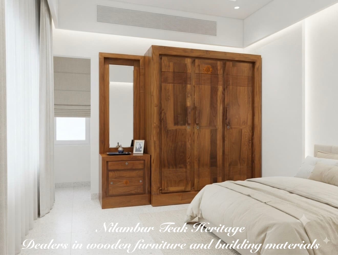 Aura Living Integrated 3-Door Shadowbox Teak Wardrobe with Upper-Lower Louvered Bands and 3-Drawer Vanity Console