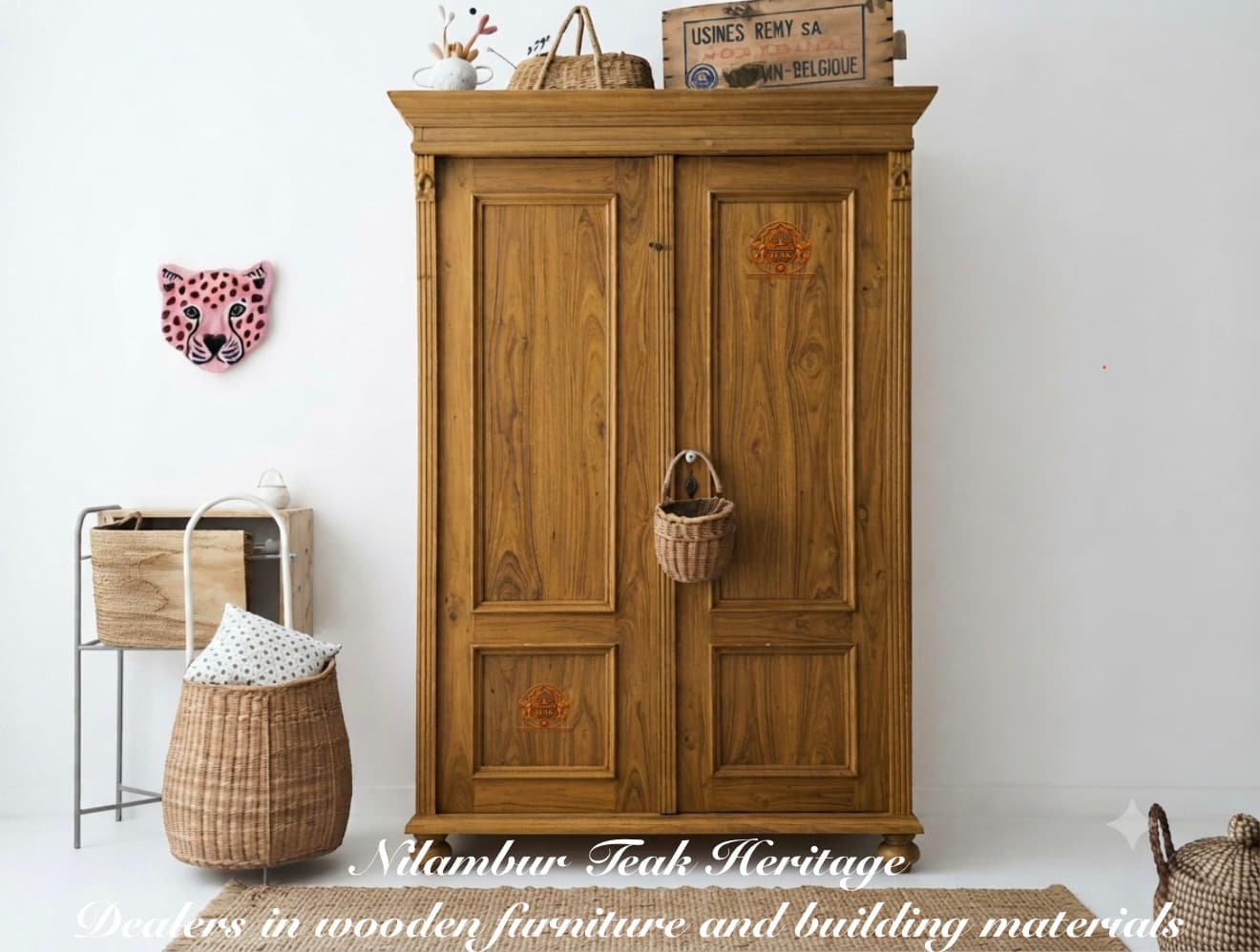 Aura Living Classic Ball-Foot Solid Teak Wood 2-Door Wardrobe with Beveled Panels