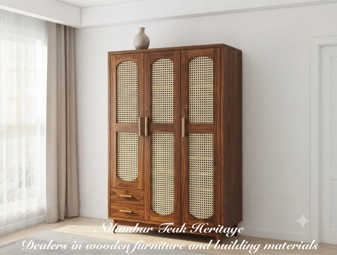 Aura Living Bohemian Cane-Accented Solid Teak 3-Door Wardrobe with Splayed Legs and Lower Drawers