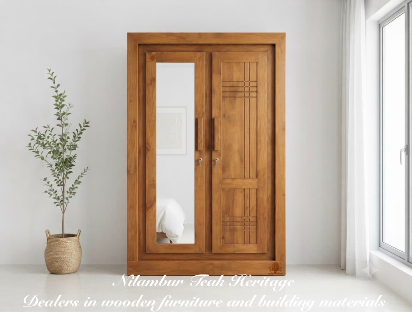 Aura Living Modern Asymmetric Mirror and Grid-Panel Solid Teak 2-Door Wardrobe